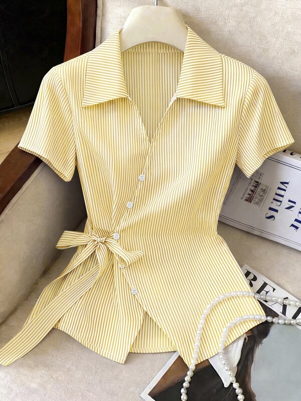 Franclia Elegant Fashion Turndown Collar Asymmetrical Tie-Up Waist Commuting Casual Versatile Business Professional Women Shirt