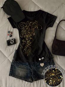 IslaSuriya Y2K 女款花卉銅箔水鑽印花圓領短袖T恤 閃亮上衣 適合日常、度假、休閒與街頭穿搭 - 黑色 - 查看 3