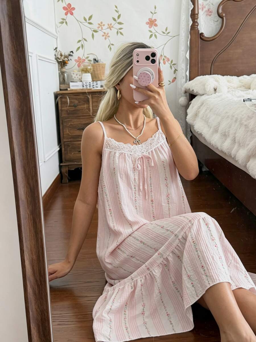 CottageSlumber Women's Romantic Floral Puff Ruffle Striped & Small Flower Pattern Lace Trim Neckline Spaghetti Strap A-Line Nightgown - Multicolor - View 1