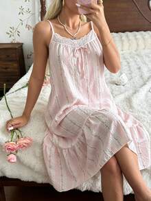 CottageSlumber Women's Romantic Floral Puff Ruffle Striped & Small Flower Pattern Lace Trim Neckline Spaghetti Strap A-Line Nightgown - Multicolor - View 5