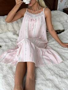 CottageSlumber Women's Romantic Floral Puff Ruffle Striped & Small Flower Pattern Lace Trim Neckline Spaghetti Strap A-Line Nightgown - Multicolor - View 6