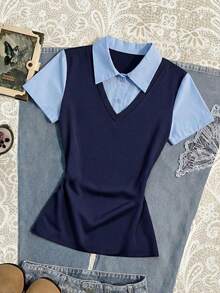 Selianne Women's Shirt Collar 2 In 1 Short Sleeve Casual T-Shirt - Blue - View 3