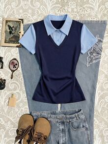 Selianne Women's Shirt Collar 2 In 1 Short Sleeve Casual T-Shirt - Blue - View 4