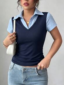 Selianne Women's Shirt Collar 2 In 1 Short Sleeve Casual T-Shirt - Blue - View 6