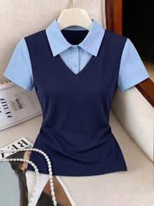 Selianne Women's Shirt Collar 2 In 1 Short Sleeve Casual T-Shirt - Blue - View 5