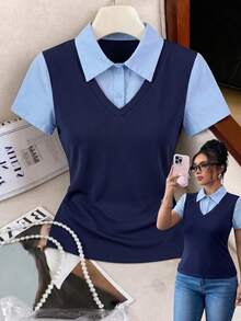 Selianne Women's Shirt Collar 2 In 1 Short Sleeve Casual T-Shirt - Blue - View 1