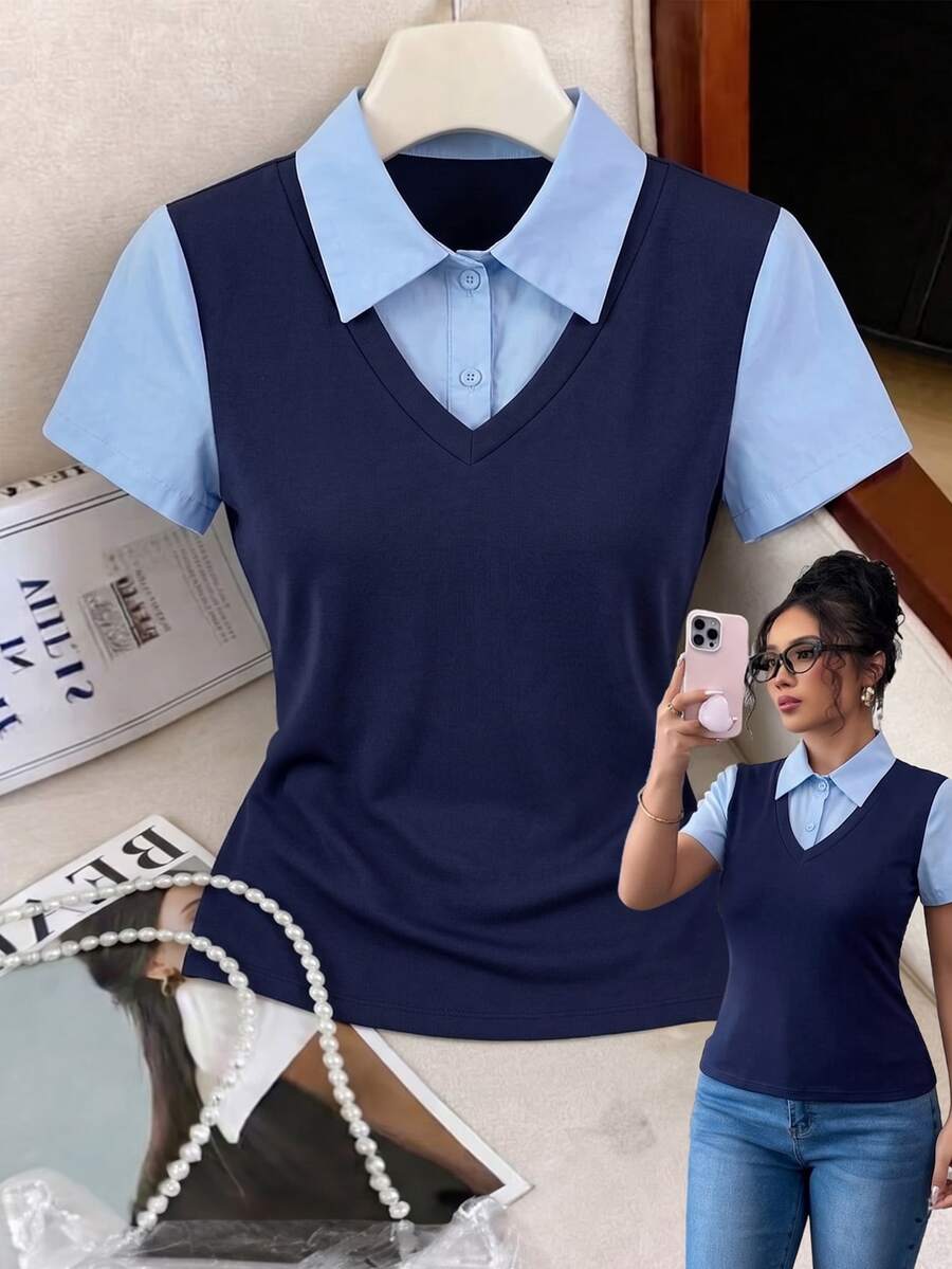 Selianne Women's Shirt Collar 2 In 1 Short Sleeve Casual T-Shirt - Blue - View 1