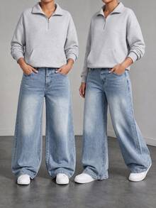 Sparklyn 青少年女孩寬鬆直筒牛仔褲，彈性腰帶設計，淺色水洗藍丹寧貓鬚效果，休閒時尚極簡風格，寬腿版型，輕盈柔軟舒適優質棉質丹寧面料，百搭日常穿搭搭配T恤與短版上衣，適合夏季度假、日常出遊、通勤、聚會 - 淺色水洗藍 - 查看 1