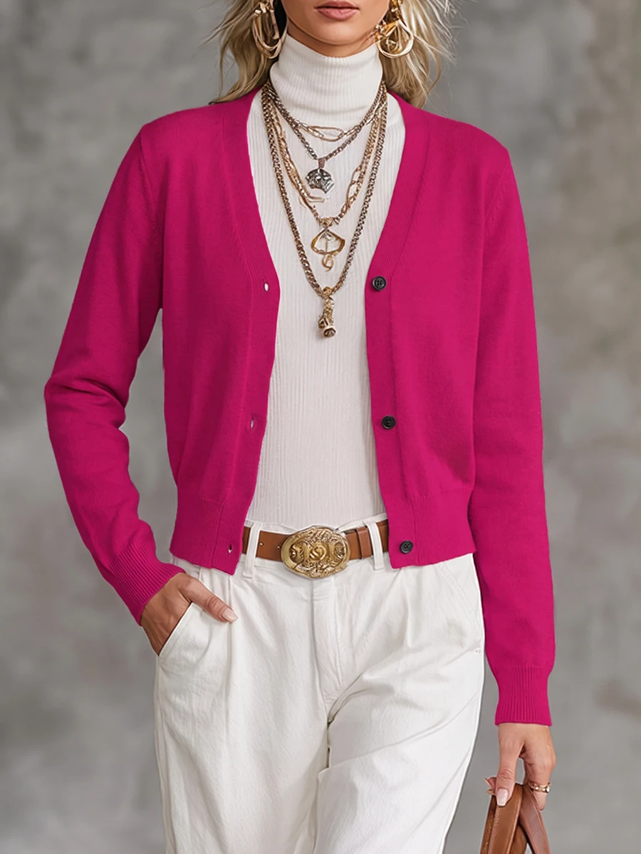 EMERY ROSE Casual & Versatile Plain Color Cropped Cardigan Knitted Powdered Rose Casual Spring Fall Winter Cardigan - Hot Pink - View 1