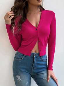 EMERY ROSE Casual & Versatile Plain Color Cropped Cardigan Knitted Powdered Rose Casual Spring Fall Winter Cardigan - Hot Pink - View 6
