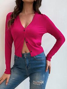 EMERY ROSE Casual & Versatile Plain Color Cropped Cardigan Knitted Powdered Rose Casual Spring Fall Winter Cardigan - Hot Pink - View 4