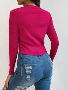 EMERY ROSE Casual & Versatile Plain Color Cropped Cardigan Knitted Powdered Rose Casual Spring Fall Winter Cardigan - Hot Pink - View 2