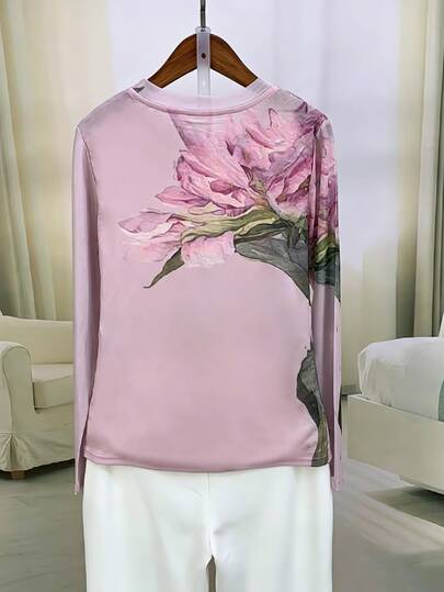 GlowEve Women's Matching Elegant Mesh Printed Long Sleeve Crew Neck T-Shirt Spring Autumn Daily Wear Outings Vacations Family Birthday Pink