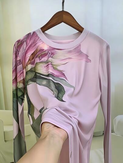 GlowEve Women's Matching Elegant Mesh Printed Long Sleeve Crew Neck T-Shirt Spring Autumn Daily Wear Outings Vacations Family Birthday Pink