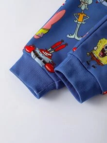 SpongeBob SquarePants | SHEIN 男嬰卡通可愛印花黃色休閒俏皮長袖圓領衛衣與長褲套裝 - 藍色 - 查看 5