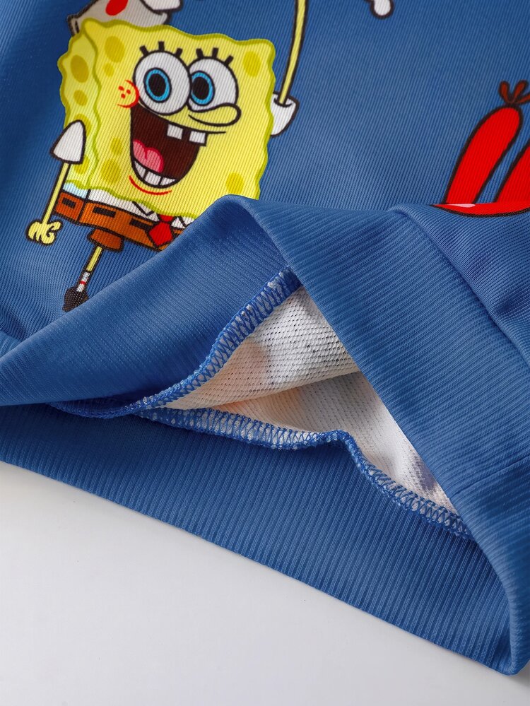 SpongeBob SquarePants | SHEIN Baby Boy Cartoon Cute Print Yellow Casual Playful Long Sleeve Crew Neck Sweatshirt And Pants Set - Blue - View 9