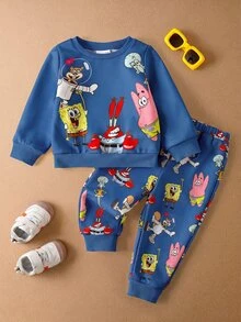 SpongeBob SquarePants | SHEIN 男嬰卡通可愛印花黃色休閒俏皮長袖圓領衛衣與長褲套裝 - 藍色 - 查看 1