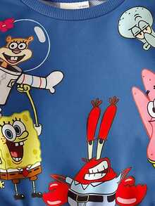 SpongeBob SquarePants | SHEIN 男嬰卡通可愛印花黃色休閒俏皮長袖圓領衛衣與長褲套裝 - 藍色 - 查看 8