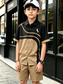 Kids Tween Boy Casual Loose Lapel Short Sleeve Shirt & Casual Sports Shorts 2pcs Set - Multicolor - View 3