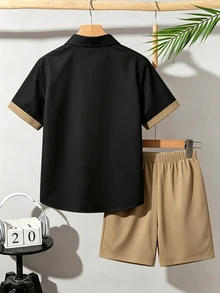 Kids Tween Boy Casual Loose Lapel Short Sleeve Shirt & Casual Sports Shorts 2pcs Set - Multicolor - View 4