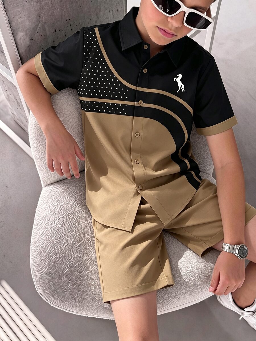 Kids Tween Boy Casual Loose Lapel Short Sleeve Shirt & Casual Sports Shorts 2pcs Set - Multicolor - View 1