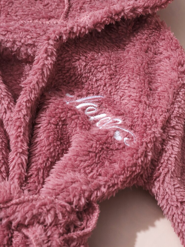 SHEIN Newborn Girl Photography Bathrobe With Matching Turban Hat And Mini Slippers Infant Photoshoot Outfits Love Embroidery Props Pink Light Pink - Pink - View 5