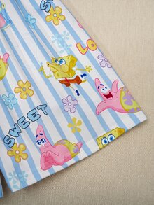 SpongeBob SquarePants | SHEIN 女童卡通印花鈕扣短袖上衣與條紋短褲家居服套裝 - 藍色 - 查看 4