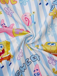 SpongeBob SquarePants | SHEIN 女童卡通印花鈕扣短袖上衣與條紋短褲家居服套裝 - 藍色 - 查看 7