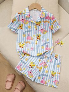 SpongeBob SquarePants | SHEIN 女童卡通印花鈕扣短袖上衣與條紋短褲家居服套裝 - 藍色 - 查看 1