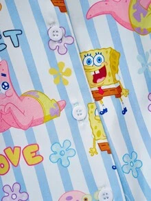 SpongeBob SquarePants | SHEIN 女童卡通印花鈕扣短袖上衣與條紋短褲家居服套裝 - 藍色 - 查看 5