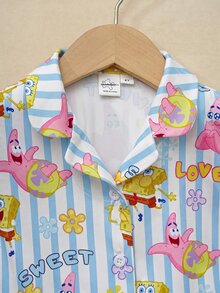 SpongeBob SquarePants | SHEIN 女童卡通印花鈕扣短袖上衣與條紋短褲家居服套裝 - 藍色 - 查看 3