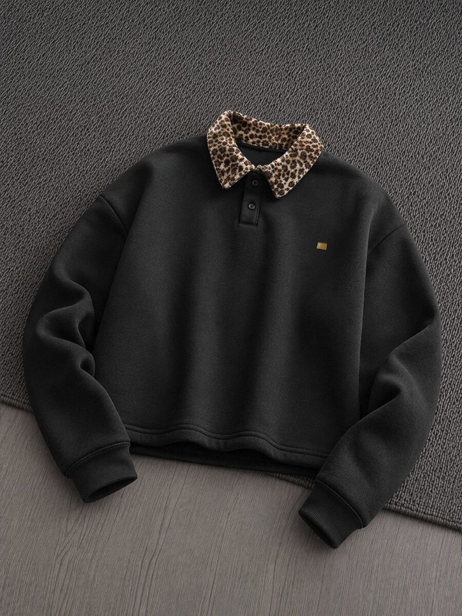 Mainfolk Men's Spring/Autumn Casual Standard Size Black Pullover Sweatshirt With Turn-Down Collar And Embroidery - Black - View 1