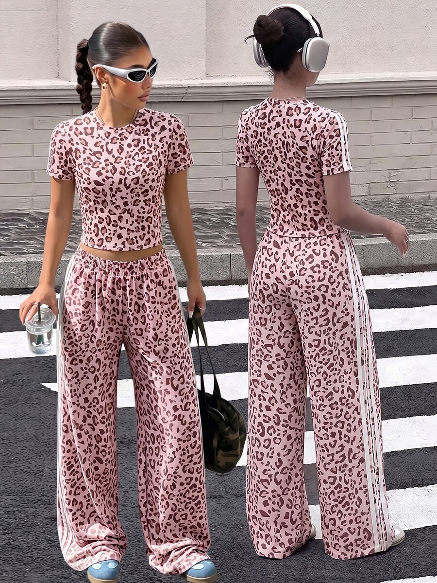 SHEIN 2pcs/Set Teen Short Sleeve & Long Pants Outfit, Pink Bow Ribbon, Suitable For Spring/Summer, Sports & Commute - Pink - View 1