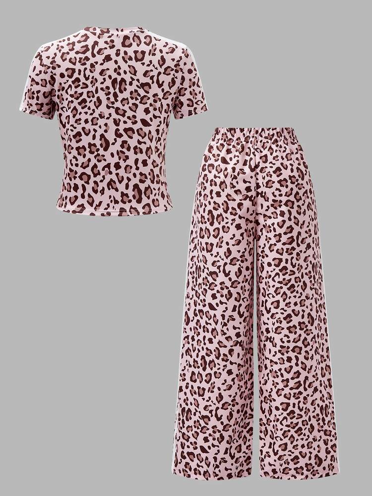 SHEIN 2pcs/Set Teen Short Sleeve & Long Pants Outfit, Pink Bow Ribbon, Suitable For Spring/Summer, Sports & Commute - Pink - View 6
