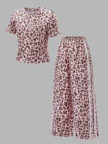 SHEIN 2pcs/Set Teen Short Sleeve & Long Pants Outfit, Pink Bow Ribbon, Suitable For Spring/Summer, Sports & Commute - Pink - View 3