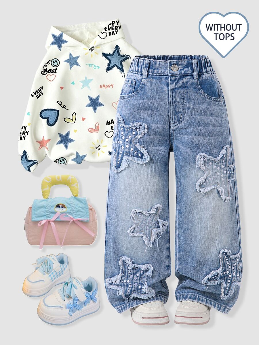 SHEIN Genkimix Kids 女童浅蓝色水洗牛仔阔腿裤，复古时尚Y2K休闲校园风，推荐日常穿着，饰有3D星星贴花，毛边裤脚，松紧腰带和纽扣门襟，宽松阔腿版型，适合所有季节。
