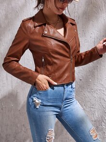 SHEIN Tall 秋冬款拉鍊 PU 機車夾克 - 棕色 - 查看 6