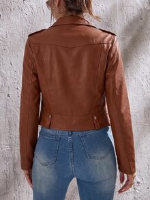 SHEIN Tall 秋冬款拉鍊 PU 機車夾克 - 棕色 - 查看 2