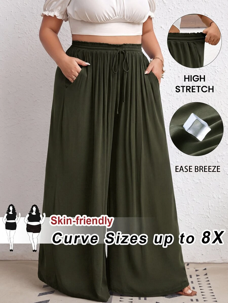 SHEIN CURVE+ 大尺碼高腰寬腿褲，附腰帶與側口袋，羅紋布料，黑色；適合度假、優雅休閒場合與日常穿著，夏季理想選擇，適用海灘出遊、波希米亞風祭典或度假穿搭