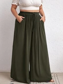 SHEIN CURVE+ 大尺碼高腰寬腿褲，附腰帶與側口袋，羅紋布料，黑色；適合度假、優雅休閒場合與日常穿著，夏季理想選擇，適用海灘出遊、波希米亞風祭典或度假穿搭 - 軍綠色 - 查看 7
