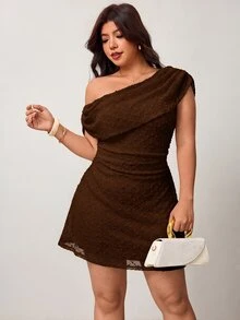 Enliva Gaun Rajut Lipit Lengan Pendek Asimetris Bahu Elegan Seksi Ukuran Plus Musim Semi/Panas, Kasual Serbaguna untuk Pesta, Kencan, Koktail, Cokelat Pendek Model A-Line - Coklat - View 7