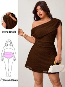 Enliva Gaun Rajut Lipit Lengan Pendek Asimetris Bahu Elegan Seksi Ukuran Plus Musim Semi/Panas, Kasual Serbaguna untuk Pesta, Kencan, Koktail, Cokelat Pendek Model A-Line - Coklat - View 1