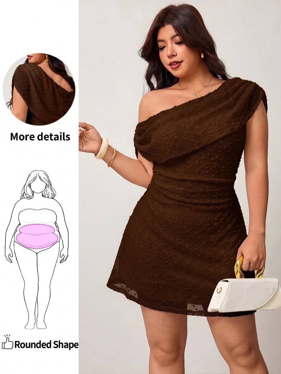 Enliva Gaun Rajut Lipit Lengan Pendek Asimetris Bahu Elegan Seksi Ukuran Plus Musim Semi/Panas, Kasual Serbaguna untuk Pesta, Kencan, Koktail, Cokelat Pendek Model A-Line - Coklat - View 1