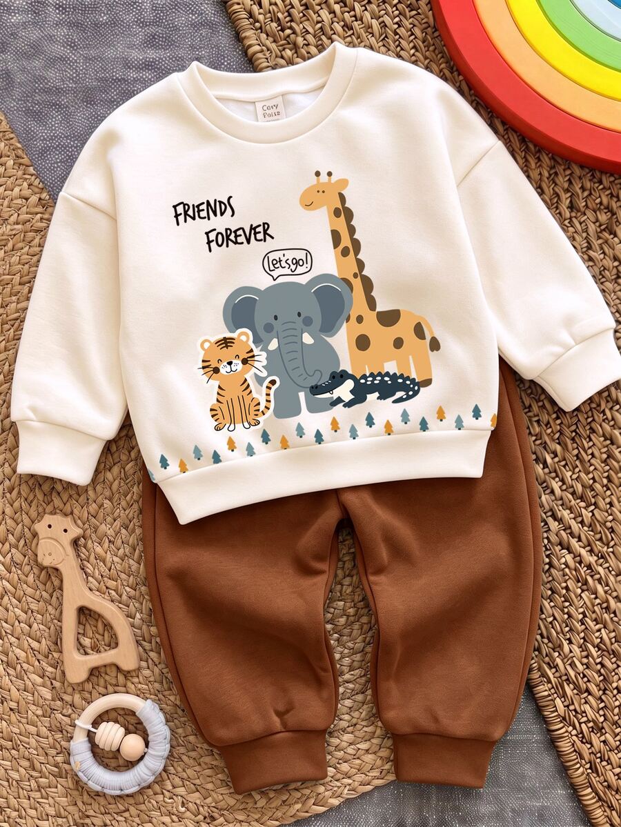 Baby Boys Round Neck Cartoon Pattern Autumn Sweatshirt & Minimalist Sweatpants Casual Comfortable Outfit - White - View 1