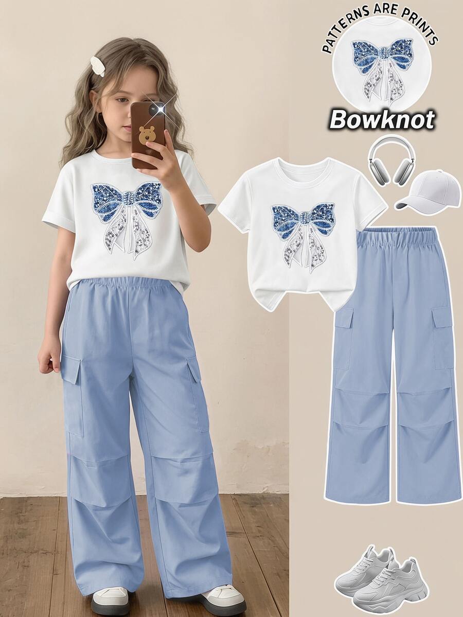 青少年女孩 2件/套休閒服裝-白色圓領短袖T恤配仿亮片與水鑽,秋季穿搭,蝴蝶結,工裝褲,返校季 - 白色 - 查看 1