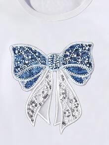 青少年女孩 2件/套休閒服裝－白色圓領短袖T恤配仿亮片與水鑽，秋季穿搭，蝴蝶結，工裝褲，返校季 - 白色 - 查看 3