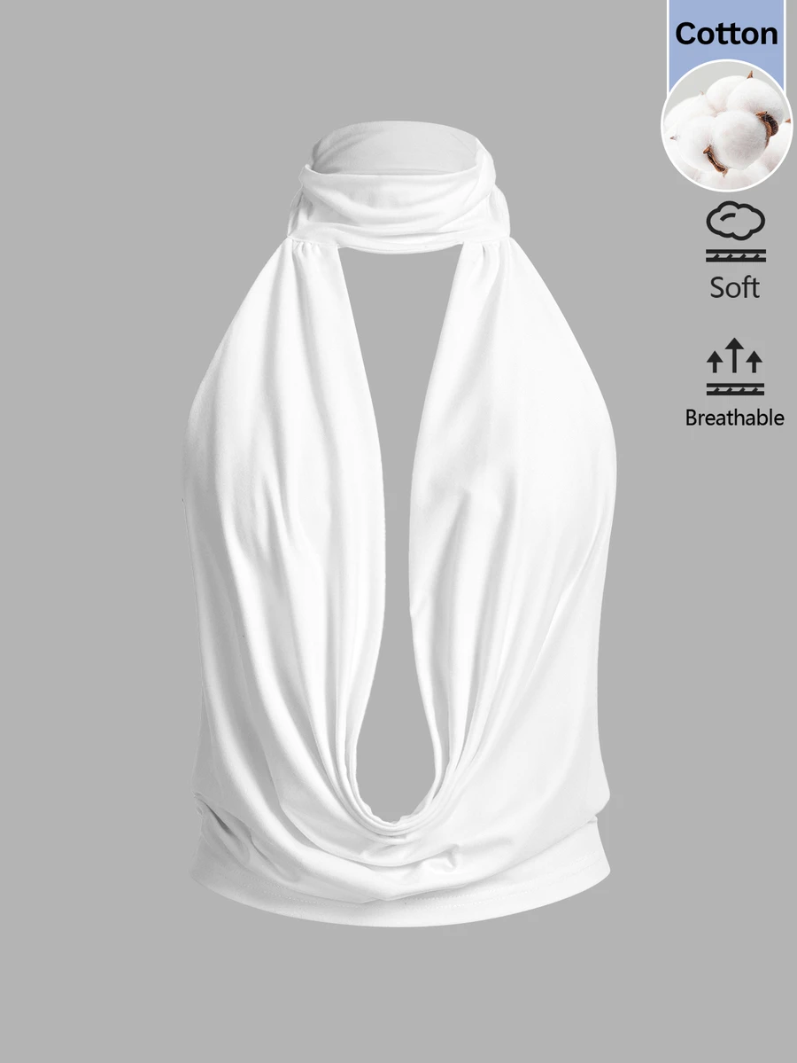 SHEIN ICON Draped Neck Solid Color Cowl Neck Backless Tank Top - White - View 1