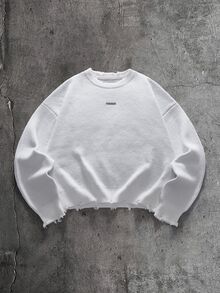 AXEPEAK Suéter de cuello redondo con strass desgastado vintage para hombre - Blanco - Ver 2