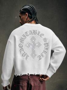 AXEPEAK Suéter de cuello redondo con strass desgastado vintage para hombre - Blanco - Ver 1