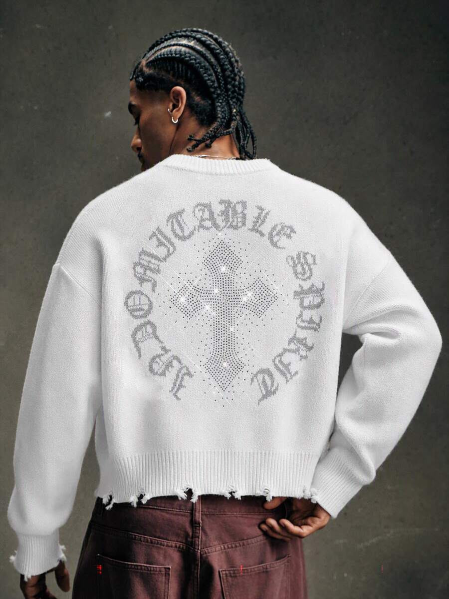 AXEPEAK Suéter de cuello redondo con strass desgastado vintage para hombre - Blanco - Ver 1